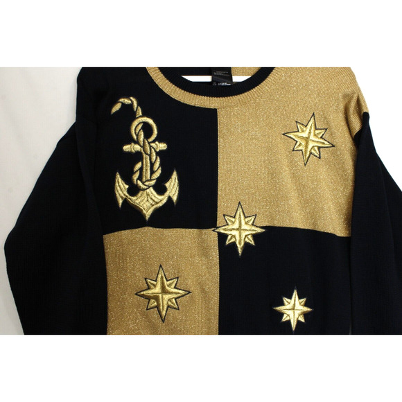 Escada Sweater Black Gold Metallic Nautical Star Women 38 US M Shoulder Pads - Picture 7 of 12